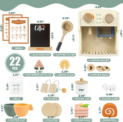 MILEFUN Set 22PCS 3-8, Wooden Coffee Play - Pretend Play Coffee Maker Toy for Kids Age Montessori Learning Toys