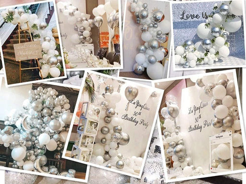 White and Silver Balloons Garland Arch Kit, 5"10 Inch 12" Metallic Confetti Latex Balloons for Party Decor