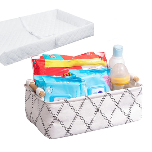 Decorative Collapsible Rectangular Fabric Storage Bin Organizer Basket - 15.4x10.6x5.1 inch, White with Wooden Handles