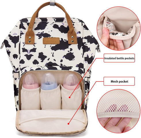 MCWTH Backpack Set Cow Print Diaper Bag for Baby Girls Mom, Large Capacity Multi-Function Nappy Bags Organizer