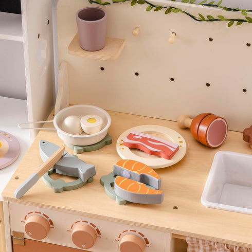 Set, ROBOTIME Wooden Play Food Cutting Meat & Eggs Pretend Play Toy Food for Play Kitchen with Shopping Bag Kids