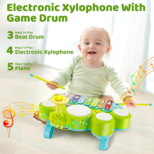 Marstone Musical Toys for Toddlers 1-3, Baby Piano Keyboard for 1 Year Old, Xylophone Drum Set Music Toys with Lights