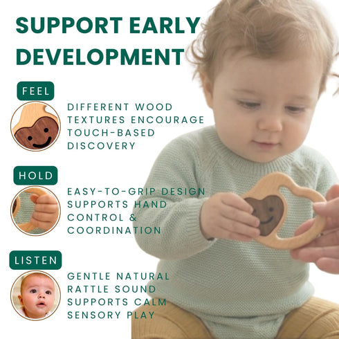 0-3 3-6 6-12 Wooden Baby Rattle & Teething Ring Heart | Natural Montessori Teething Toy Babies Months | Non-Toxic