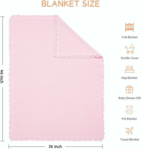 100% Cotton Baby Blanket, Light Pink, Knit Soft Warm Nursery Blanket, 30 x 40 Inches for Toddler Newborn
