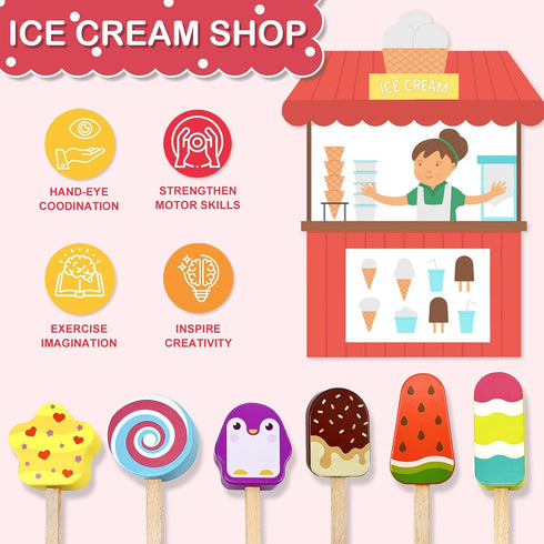 Wooden Ice Cream Toy Set for Kids, Toddler Pretend Play Food Ice Lolly Pops, Educational Gifts for Ages 3-6