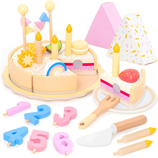 UMU Wooden Birthday Cake Playset Pretend Kitchen Toy with Candles Numbers Fruits