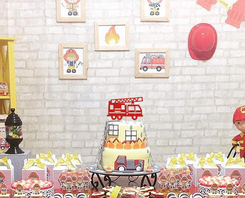 Fire Truck Cake Topper - Glitter Fireman Themed Party Decoration for Graduation or Birthday Party Supplies