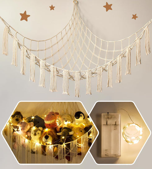 Stuffed Animal Storage Hammock X-Large with LED Light - Hanging Holder for Plushies, Cute Room Decor for Kids