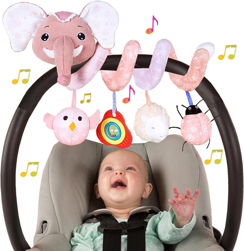 Musical Owl Rattle and Hanging Stroller Toys for Babies 0-6 Months, Pink Elephant Car Seat Toys for Newborn Girls