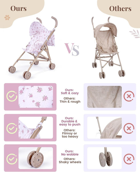 12-15 Inch 5 Set, 3+ BABESIDE One-Touch Baby Doll Stroller Sturdy & Durable for Dolls, Includes Pcs Accessories