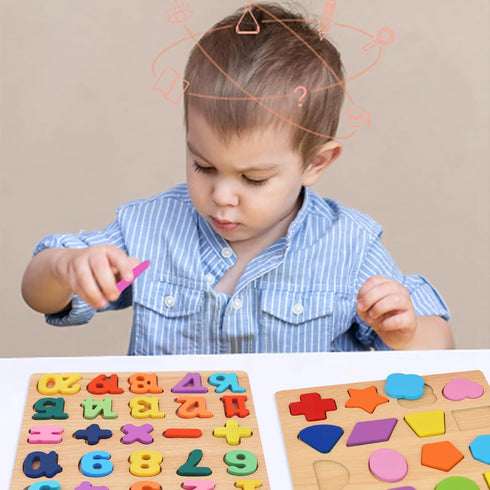 Wooden Puzzles for Toddlers 1-5 Years Old, Alphabet, Number, and Shape Educational Learning Toys Set