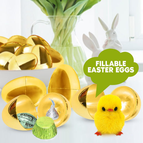 12 Count Taboom Gold Easter Eggs - Plastic Easter Eggs Fillable Golden Egg Hunt For Easter Baskets, Party Decorations