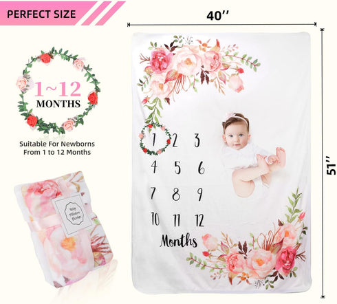 Baby Monthly Milestone Blanket, Soft Floral Memory Blanket, Newborn Growth Chart, 51x40In