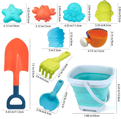 Set 11Pcs Set, 3+ HaiLeTao Beach Toys for Kids -Collapsible Sand Bucket&Mesh Beach Bag and Shovels Sand Rake Toy Animal