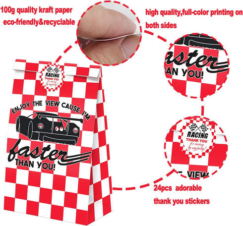 24 Pack Race Car Party Candy Favor Bags with Stickers, Race Car Themed Birthday Party Supplies