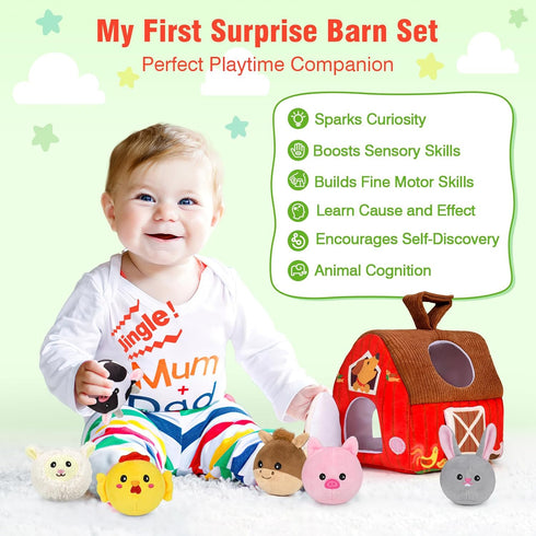 6-12 1-3 Baby Toys Months: Plush Surprise Barn with Stuffed Farm Animals, Rattle, Crinkle Paper, Mirror, Busy