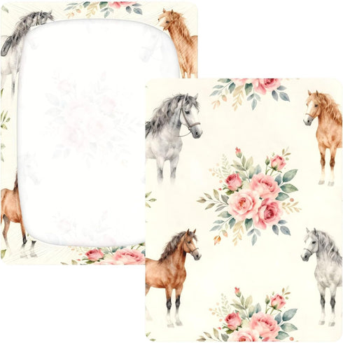 CZXW 52" 28" Watercolor Horses and Flowers Crib Sheets Fitted x Natural Cotton Soft & Breathable for Baby Crib Mattress