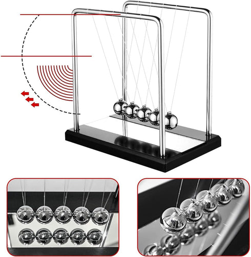Newton's Cradle Balance Ball with Metal Pendulum Balls, Black Wooden Base Physics Science Ornaments for Desk