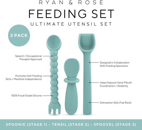 Ryan & Rose Ultimate Utensil Set of 3 Silicone Baby Spoons Silicone baby feeding set for baby led weaning, baby spoons self feeding 6 months, baby utensils, toddler utensils (Seaglass)