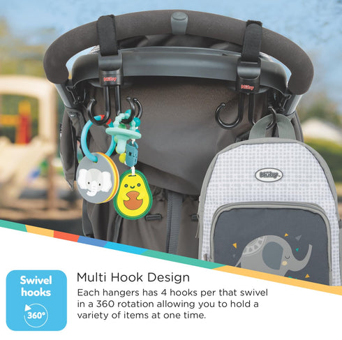 Nuby 2-in-1 Deluxe Adjustable Baby Stroller & Car Seat Hooks, 2 Pack, 8 Hooks Total, Black