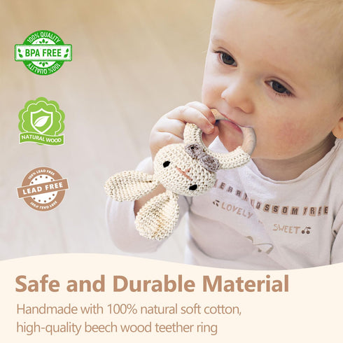 Wooden Baby Rattle, Handcrafted Crochet Bunny Rattles with Wooden Teething Ring, Organic Beige Rabbit Newborn Toy