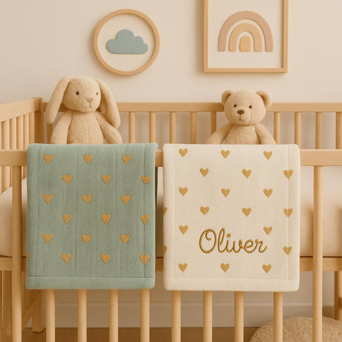 Cozy 28x36 Personalized Baby Knit Blanket Custom Embroidered Name, Heart Pattern, Soft Cotton Yarn, & Breathable