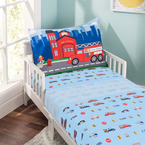 3-Piece Set Set EVERYDAY KIDS Toddler Fitted Sheet, Flat Sheet and Pillowcase - Police, Fire and Rescue - Soft