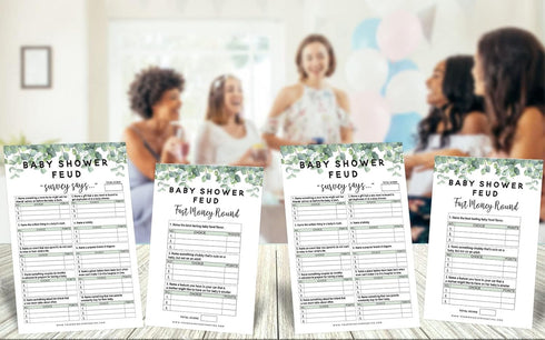 Eucalyptus Baby Shower Family Feud Game Set - Your Main Event Prints, 50 Question Cards, Fun Group Activity