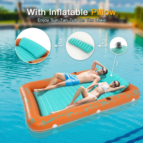 Inflatable Tanning Pool for Adults, Tanning Pool with Pillow Lounger Float and Cup Holders, Orange X-Large for Backyard