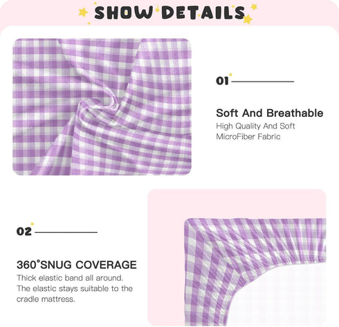Vdsrup 52 28 9In Crib Sheets for Boys Girl Cute Light Purple Gingham Breathable Mini Crib Mattress Sheets Fitted