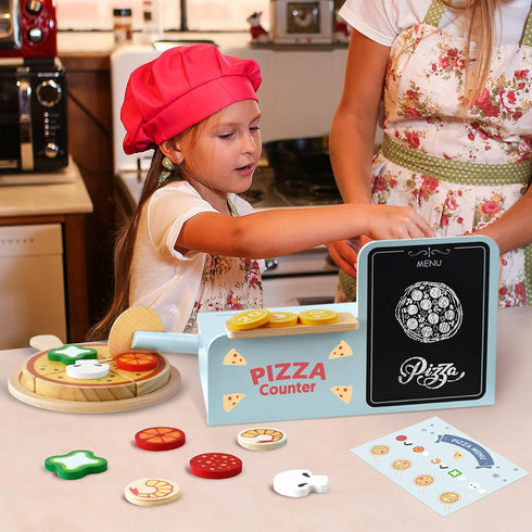 Set 3-6 Counter 24 Pillowhale Wooden Pizza Play for Kids Slice and Serve Pretend Play Food with Hook-and-Loop Cutting