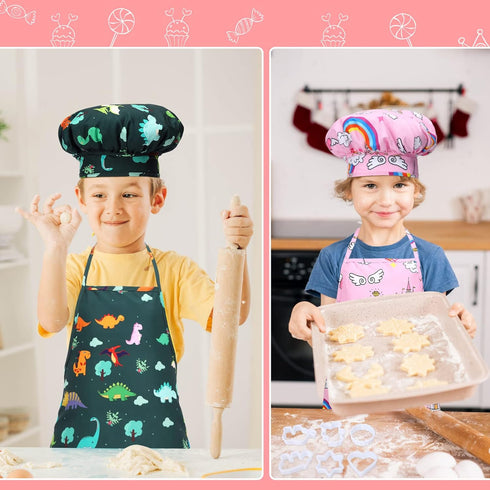 FunsLane Set, 2 Set, Kids Cooking and Baking Chef Pcs Apron (Pink Green) Chef Hat Accessories Complete Cooking Dress Up