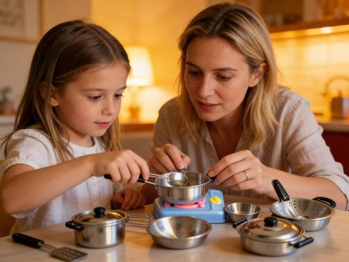 MAGIKON 17-Piece Set Miniature Toy Stainless Steel Pots and Pans , Pretend Play Kitchen Cooking Utensils Toy