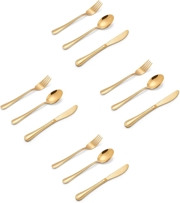 LIANYU 12-Piece Gold Kids Silverware Set - Stainless Steel Toddler Utensils Flatware Set for 4, Includes Knife, Fork,
