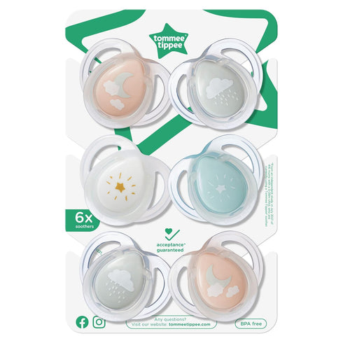Tommee 0-6 Symmetrical Pack 6 Tippee Night Time Pacifier, Months, Silicone Baglet, BPA-Free Binkies, Glow in The Dark