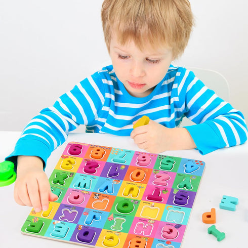 Wooden Alphabet and Number Puzzles for Toddlers 1-4, Chunky ABC Puzzle Board for Preschool Learning Toys for Boys and