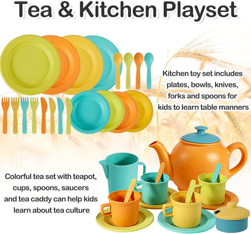 BUYGER Kids Play Kitchen Toy Accessories Tea Party Set - Cookware Utensils Dishes for Little Girls Ages 3-5