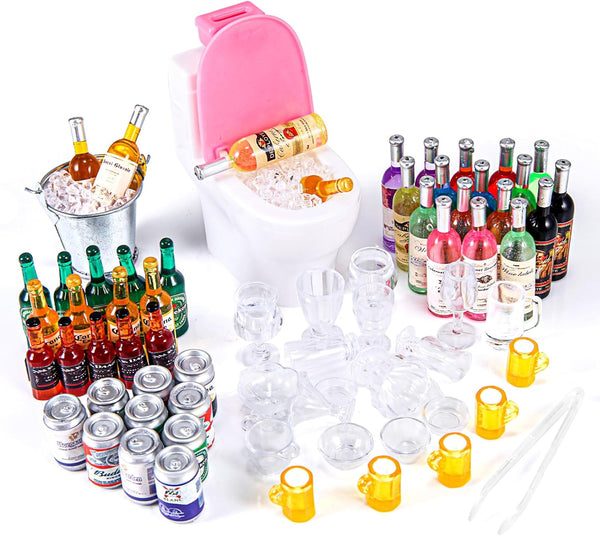 71 Pcs Miniature Ice Cubes, Beer Bottles, and Mini Drink Soda Pop Cans for Doll House Decoration