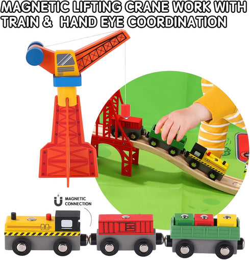 KiToyWod Set 62pcs, Pack 3-10 (62 Wooden Train Track Wood Railway Systems Accessories Expansion with Train + Crane