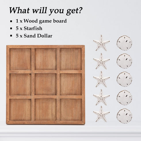 NIKKY HOME Beach Tic Tac Toe Wood Board Travel Game for Fun, 8.97 by 8.97-in Distressed White