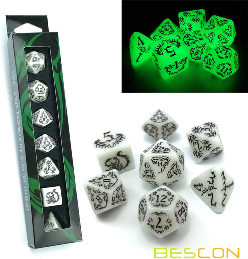BESCON DARK ELVES Glowing Dice Set (7 piece), Oversized GLOW in DARK Carved RPG Dice Set