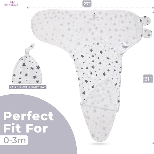 Set 3, (0-3m, 7-14lbs Jam Naturals- Organic Knotted Tie Bottom Adjustable Velcro Swaddle and Hat of Newborn Sleep Sack