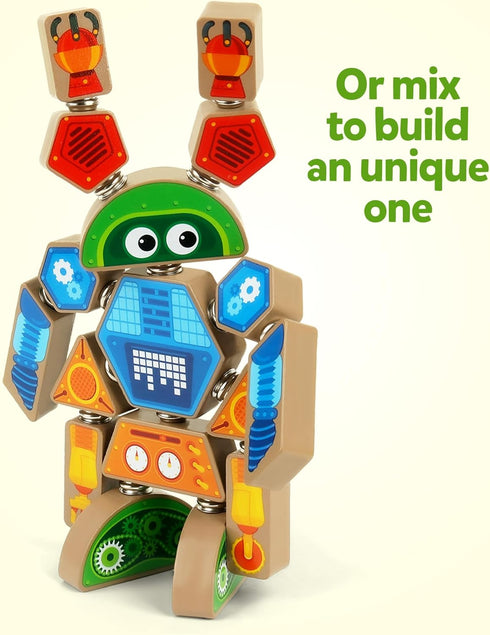 Playset, 3 4 5 Coogam Snap Together Robot Builders for Toddlers, Wooden Take Apart Robot Build Block Fine Motor Skill