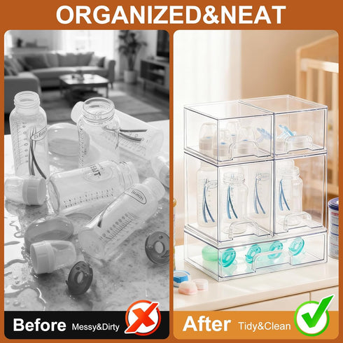 Rolheit 5 Pack Countertop, Baby Bottle Organizer - Stackable Clear Drawers with Labels, Baby Storage Solution Container