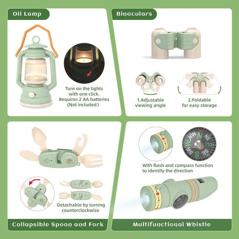 Kids Camping Toys Set, Pretend Play Camping Set with Food Toy, Lantern, Binoculars, Tableware, Gift for 3+