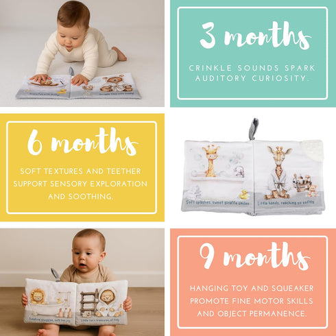 0-12 Tummy Ali+Oli Baby Cloth Book Soft Sensory Crinkle Book with Teether for Infants Months Early Learning Touch