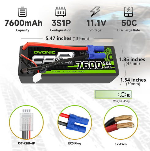 OVONIC 3s 11.1V 7600mAh 50C(MAX 100C) EC5 1/8 1/10 Lipo Battery RC Lipo Batteries Hard Case Plug Compatible with Scale