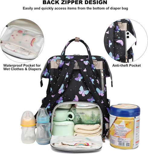 Mimfutu Backpack Butterfly Diaper Bag for Baby Girls Boys, Large Capacity Multifunction Waterproof Maternity Mom Nappy