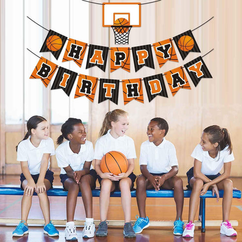 Basketball Happy Birthday Banner, Slam Dunk Party Decoration Supplies for Kids Teenagers B-day Photo Prop