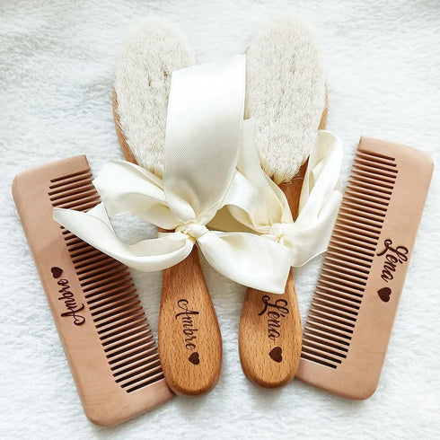 DOYOUWE Set, Personalised Baby Hairbrush, Wooden Newborn Comb, Soft Brush Birth Comb, Natural Bristles